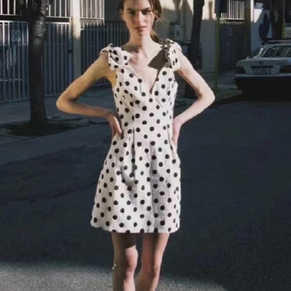 Zimmermann White Mini Dress with Black Polka Dots and Tie Shoulders